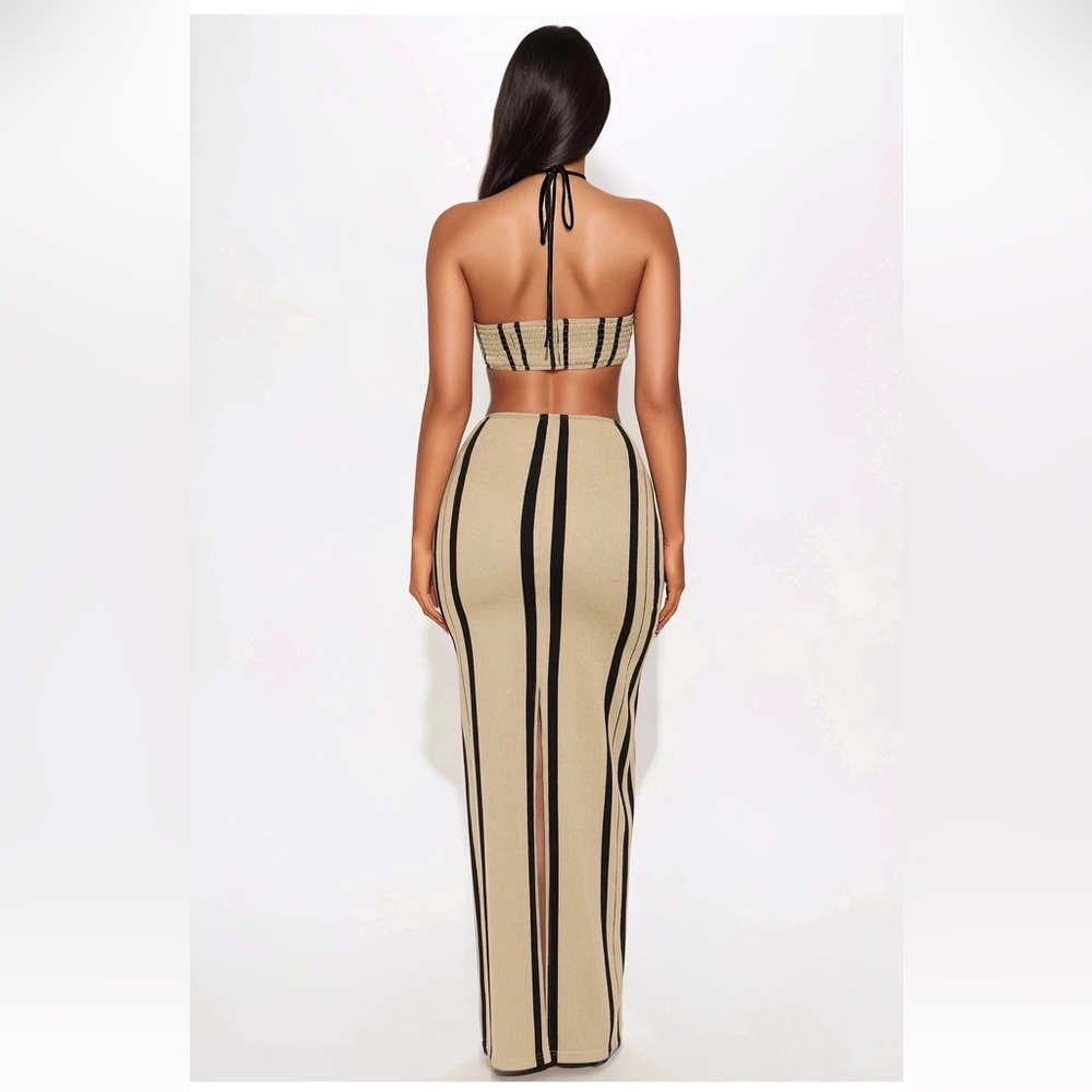 Fashion Nova Beige and Black Striped Two-Piece Maxi Dress